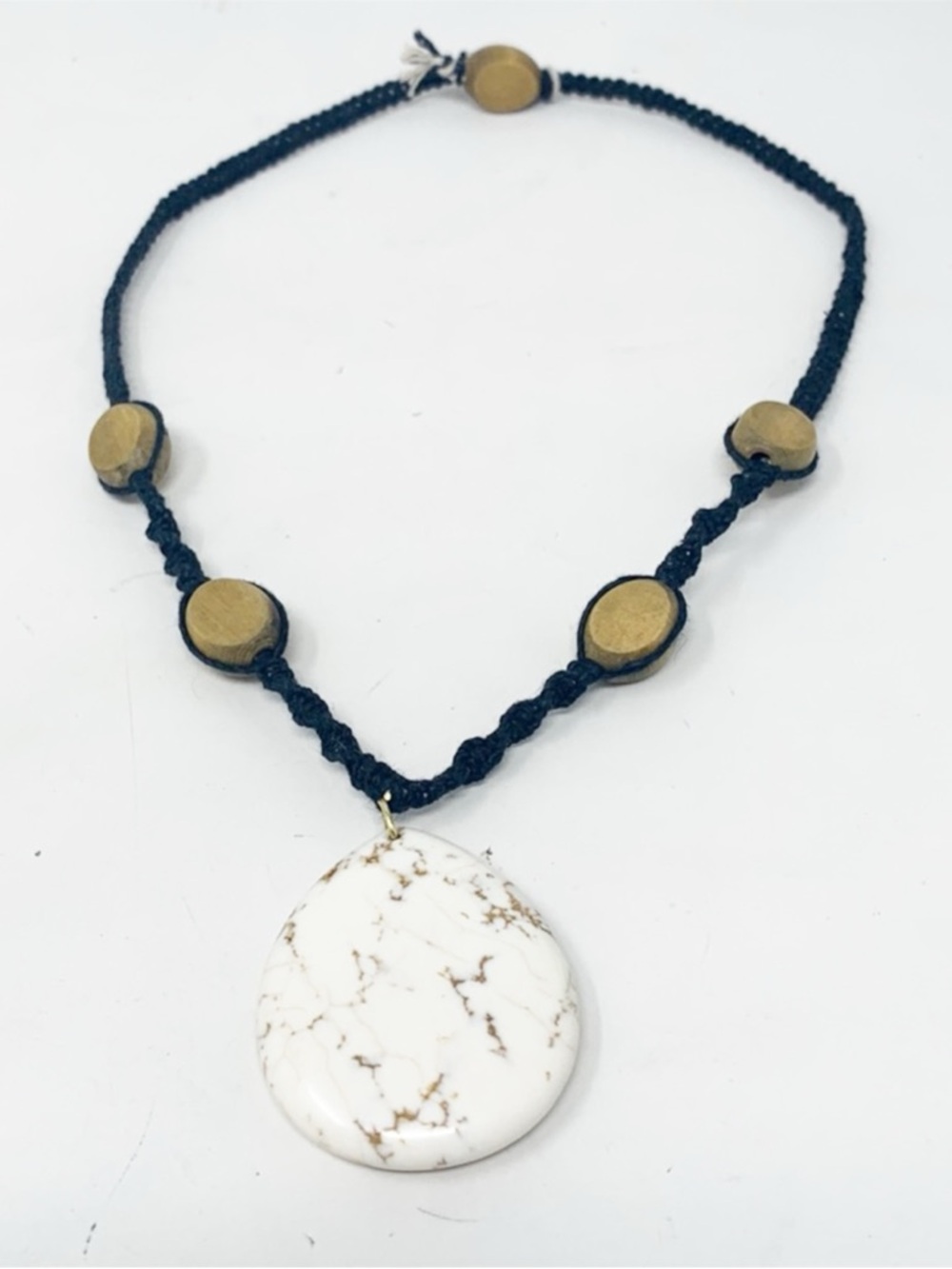 Coastal Boho White Stone Earthy Statement Pendant Necklace Macrame Hemp Artisan